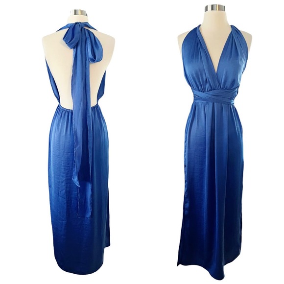 T. ZOVICH Blue Maxi Dress Satin Halter Ties Multiway Lightweight Ties Small NWT - Picture 3 of 12
